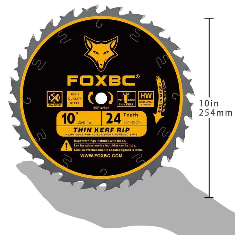 FOXBC 10-Inch Thin Kerf Ripping Table Saw Blade for Wood Cutting, 24-Tooth FTG, 5/8-Inch Arbor - Image 3